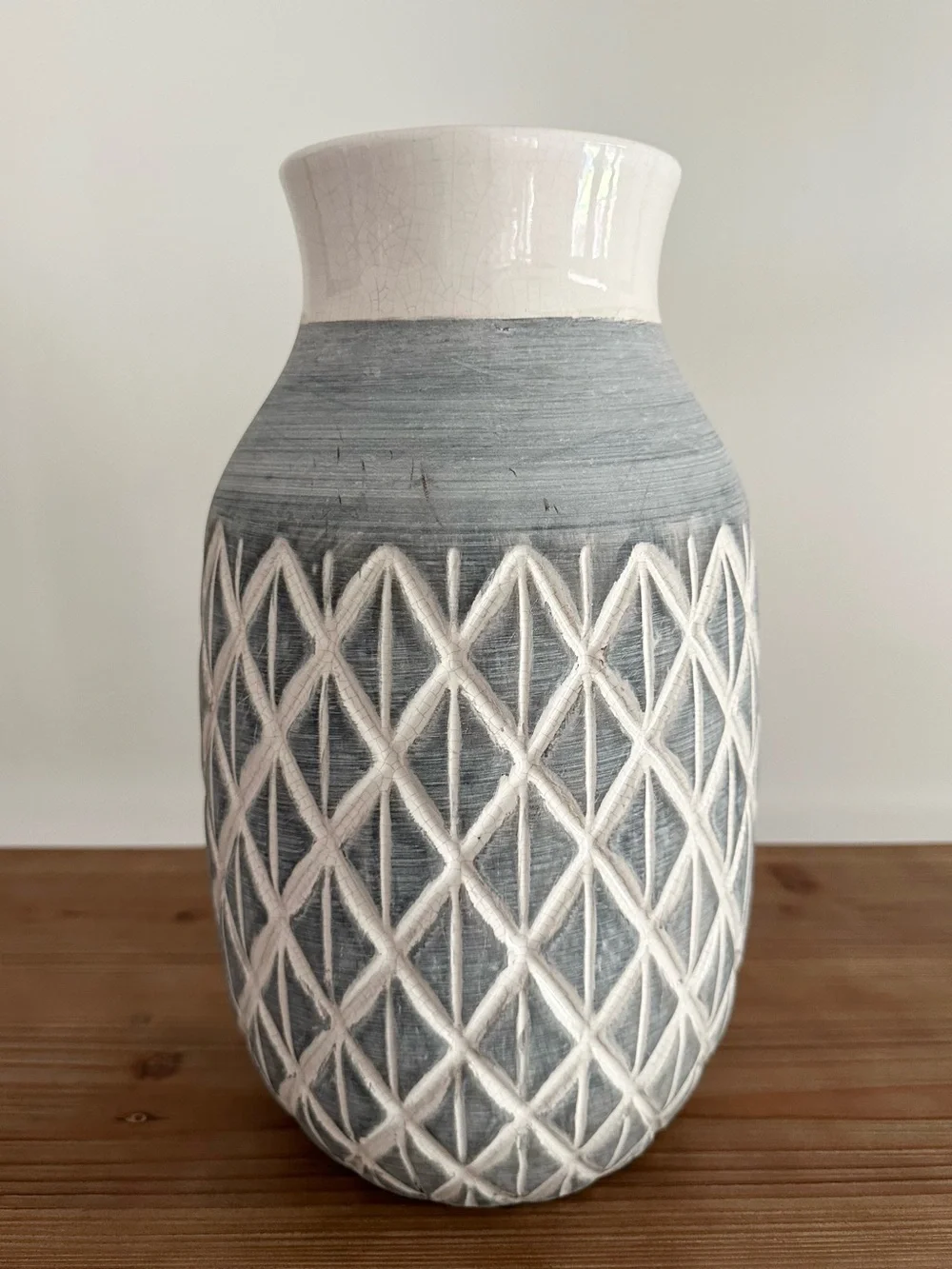 Textured Ceramic Vase in Gray Blue and White Diamond Pattern